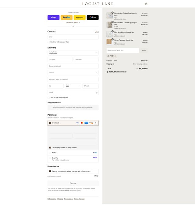 Locust Lane Rugs checkout page showing Locust Lane Rugs promo code box | Screenshot taken by SimplyCodes community member on Sep 6, 2025
