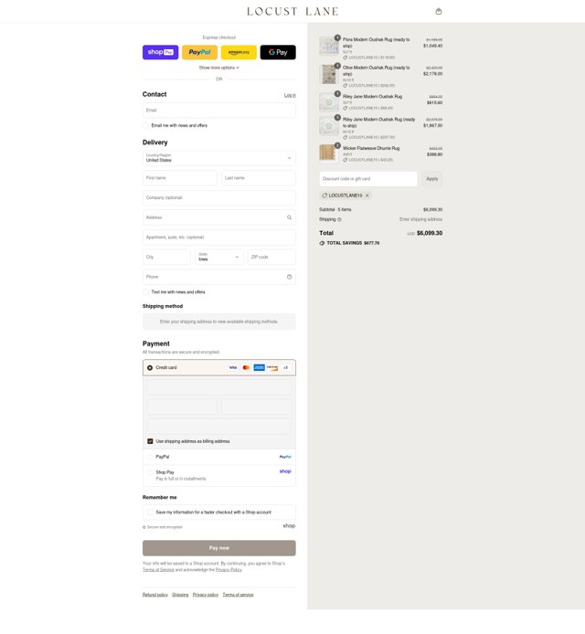Locust Lane Rugs checkout page showing Locust Lane Rugs promo code box | Screenshot taken by SimplyCodes community member on Aug 24, 2025