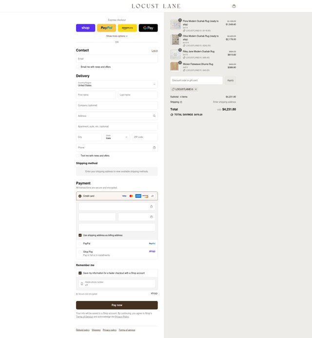 Locust Lane Rugs checkout page showing Locust Lane Rugs promo code box | Screenshot taken by SimplyCodes community member on Sep 2, 2025