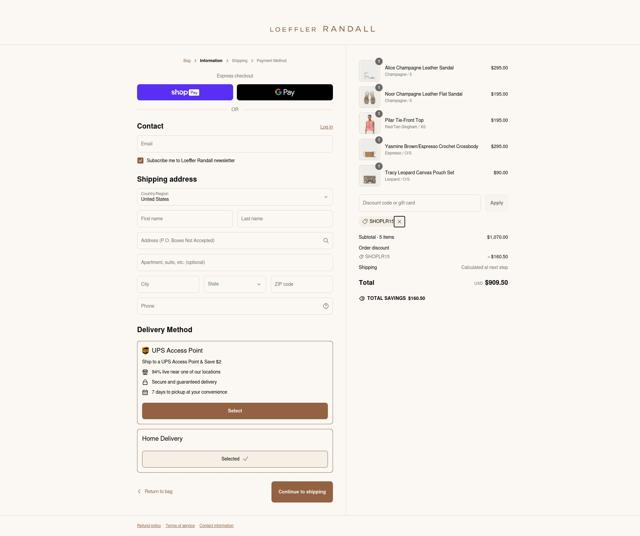 Loeffler Randall checkout page showing Loeffler Randall promo code box | Screenshot taken by SimplyCodes community member on Mar 5, 2025