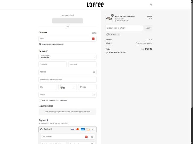 Lofree checkout page showing Lofree discount code box | Screenshot taken by SimplyCodes community member on Sep 3, 2025