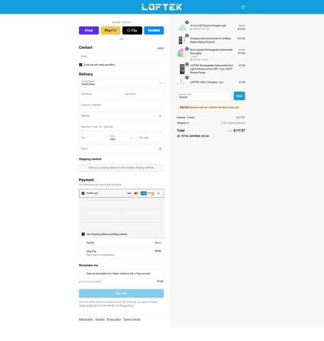Loftek checkout page showing Loftek discount code box | Screenshot taken by SimplyCodes community member on Sep 3, 2025