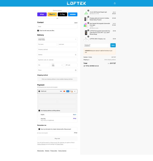 Loftek checkout page showing Loftek discount code box | Screenshot taken by SimplyCodes community member on Sep 3, 2025