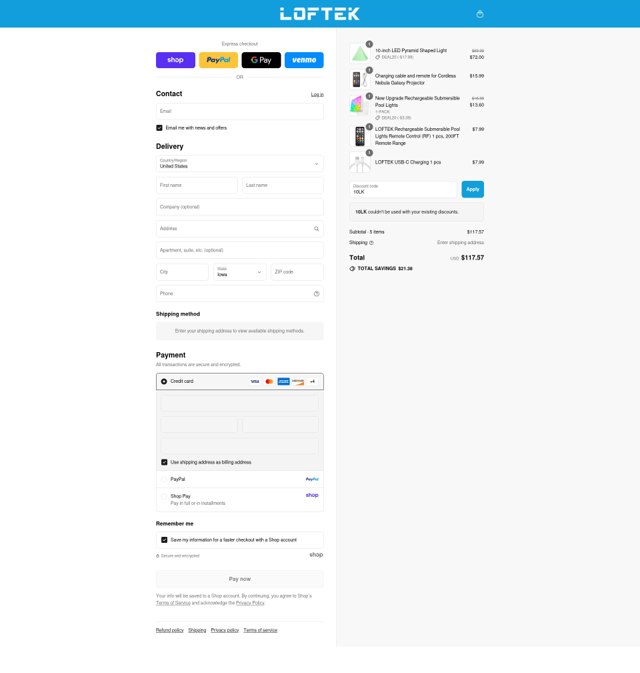 Loftek checkout page showing Loftek discount code box | Screenshot taken by SimplyCodes community member on Sep 3, 2025