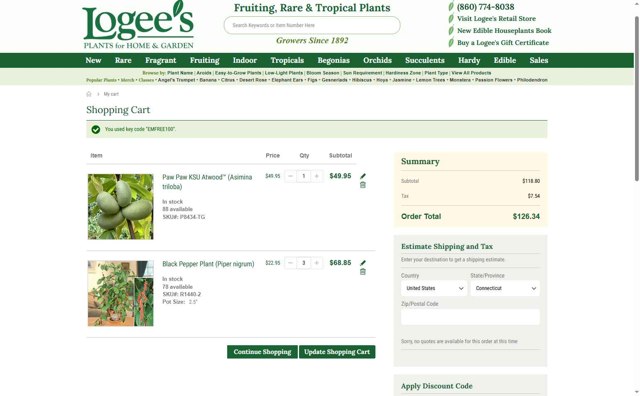 Logee's checkout page showing Logee's discount code box | Screenshot taken by SimplyCodes community member on Jul 12, 2025