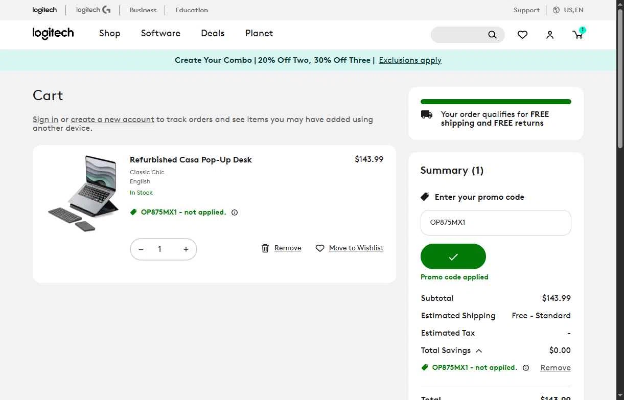Logitech checkout page showing Logitech promo code box | Screenshot taken by SimplyCodes community member on May 12, 2025