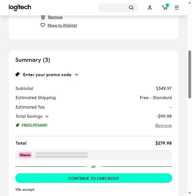 Logitech checkout page showing Logitech promo code box | Screenshot taken by SimplyCodes community member on Jun 3, 2025