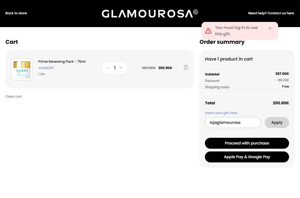 Loja Glamourosa checkout page showing Loja Glamourosa discount code box | Screenshot taken by SimplyCodes community member on Feb 23, 2026
