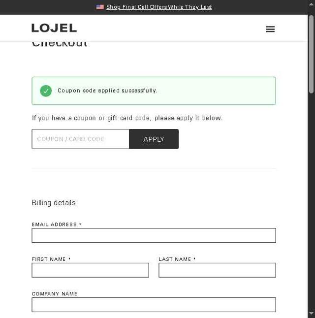 LOJEL checkout page showing LOJEL coupon code box | Screenshot taken by SimplyCodes community member on Sep 7, 2025