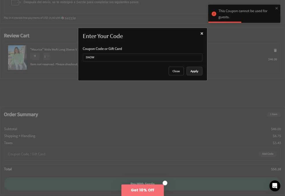Lola Monroe checkout page showing Lola Monroe coupon code box | Screenshot taken by SimplyCodes community member on May 2, 2025