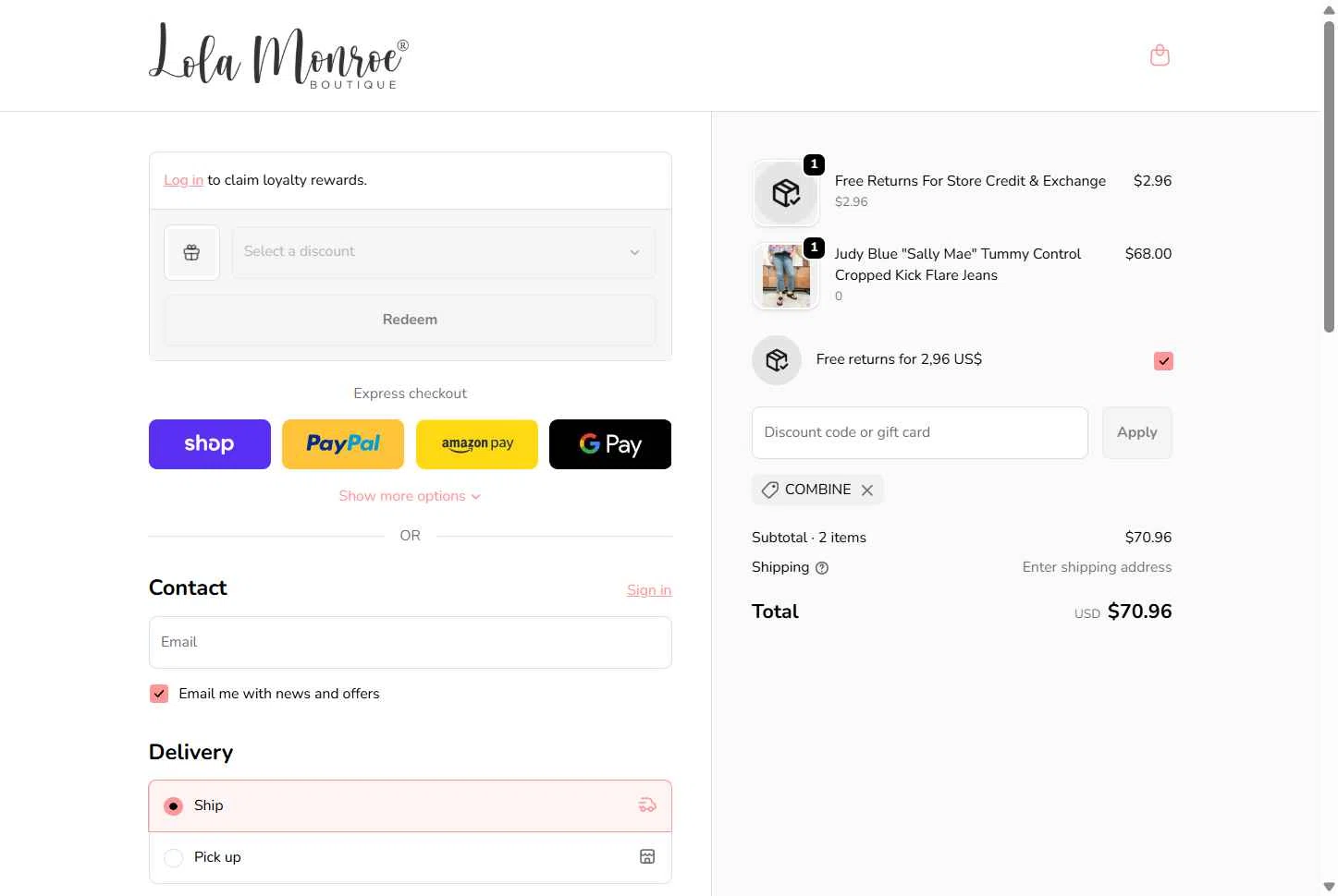 Lola Monroe checkout page showing Lola Monroe coupon code box | Screenshot taken by SimplyCodes community member on Feb 8, 2026