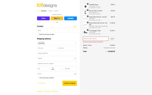 Loll Designs checkout page showing Loll Designs discount code box | Screenshot taken by SimplyCodes community member on Sep 10, 2025