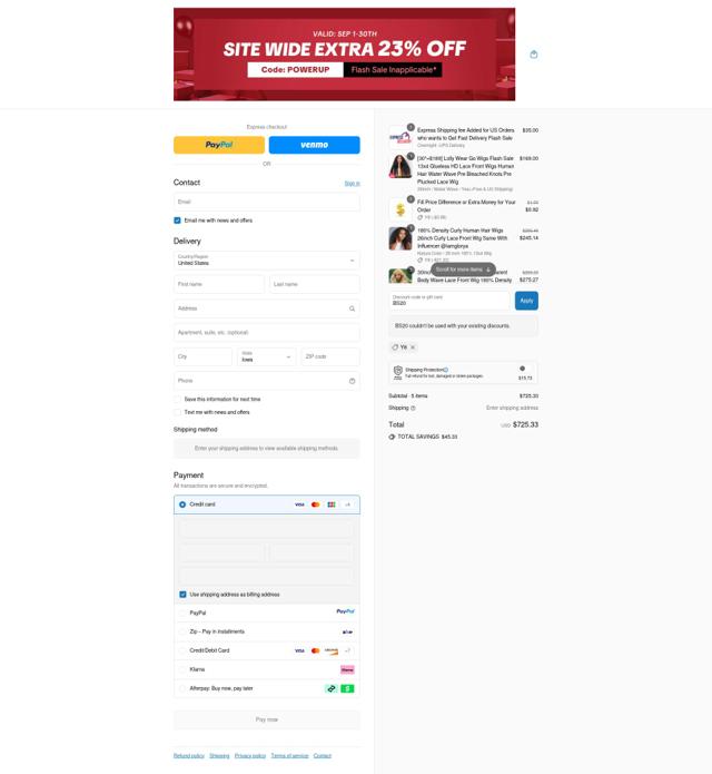 Lolly Hair checkout page showing Lolly Hair discount code box | Screenshot taken by SimplyCodes community member on Sep 9, 2025