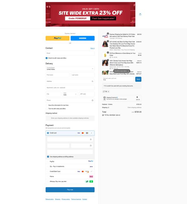 Lolly Hair checkout page showing Lolly Hair discount code box | Screenshot taken by SimplyCodes community member on Sep 9, 2025