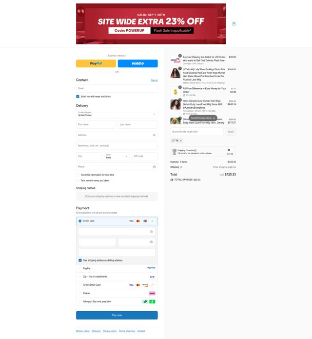 Lolly Hair checkout page showing Lolly Hair discount code box | Screenshot taken by SimplyCodes community member on Sep 9, 2025