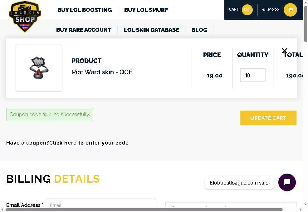 Lolskin Shop checkout page showing Lolskin Shop promo code box | Screenshot taken by SimplyCodes community member on Dec 8, 2025