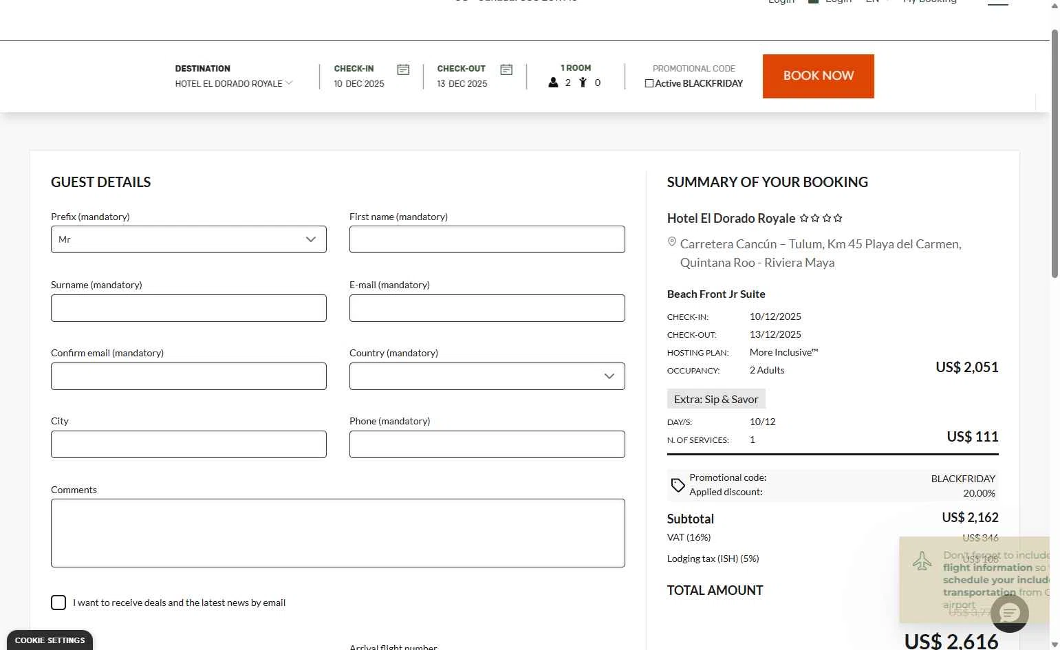 Lomas Hospitality checkout page showing Lomas Hospitality promo code box | Screenshot taken by SimplyCodes community member on Nov 23, 2025