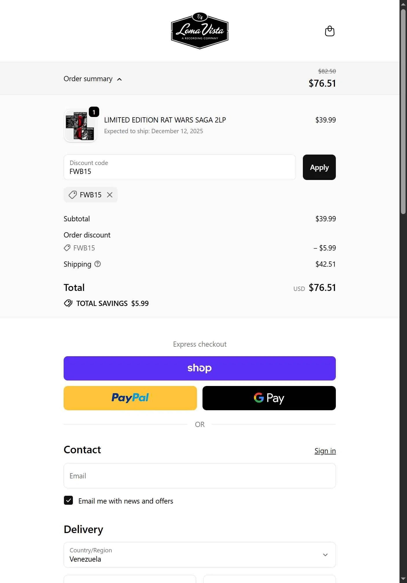 Loma Vista Recordings checkout page showing Loma Vista Recordings discount code box | Screenshot taken by SimplyCodes community member on Sep 26, 2025