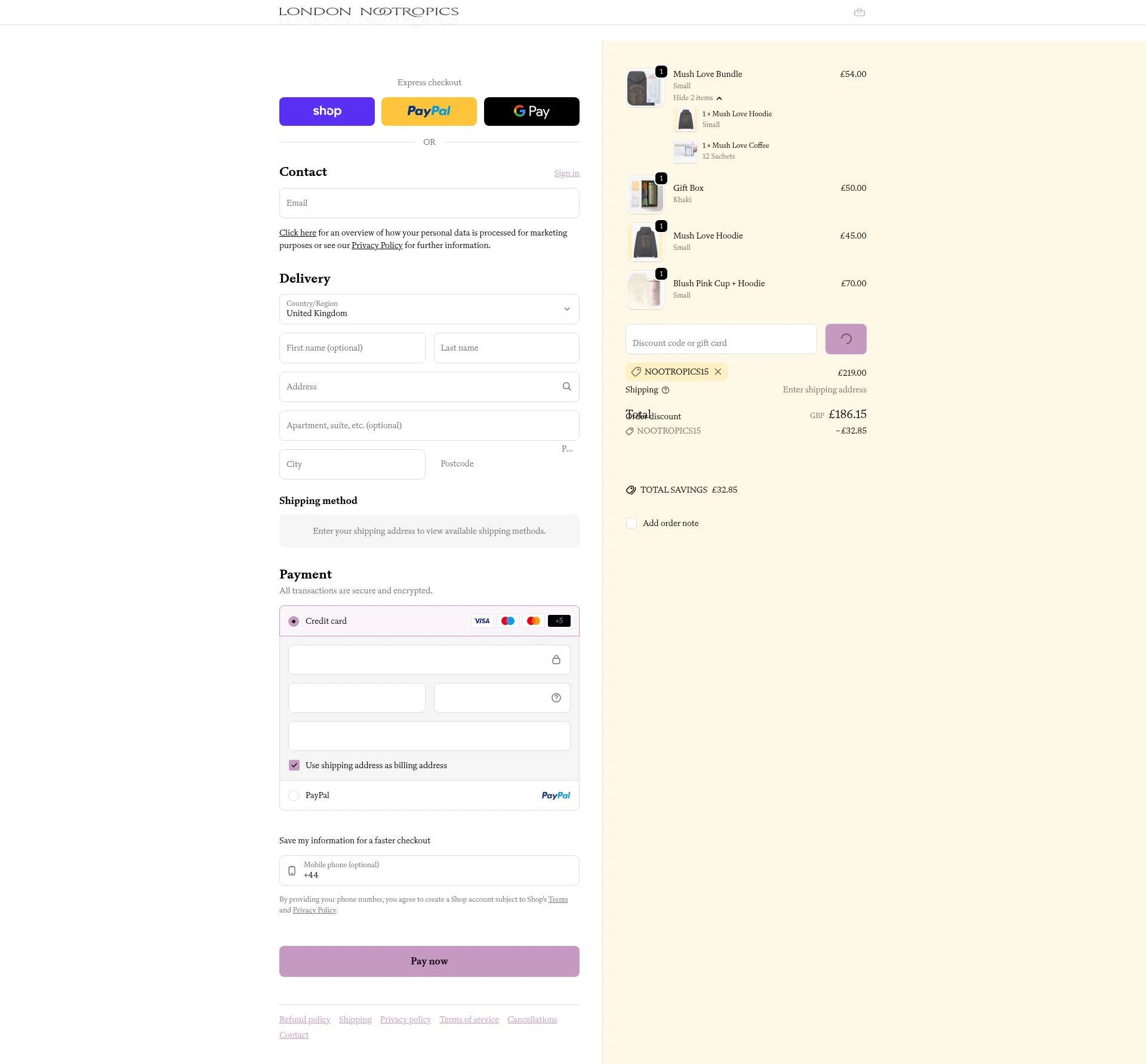 London Nootropics checkout page showing London Nootropics discount code box | Screenshot taken by SimplyCodes community member on Feb 10, 2026