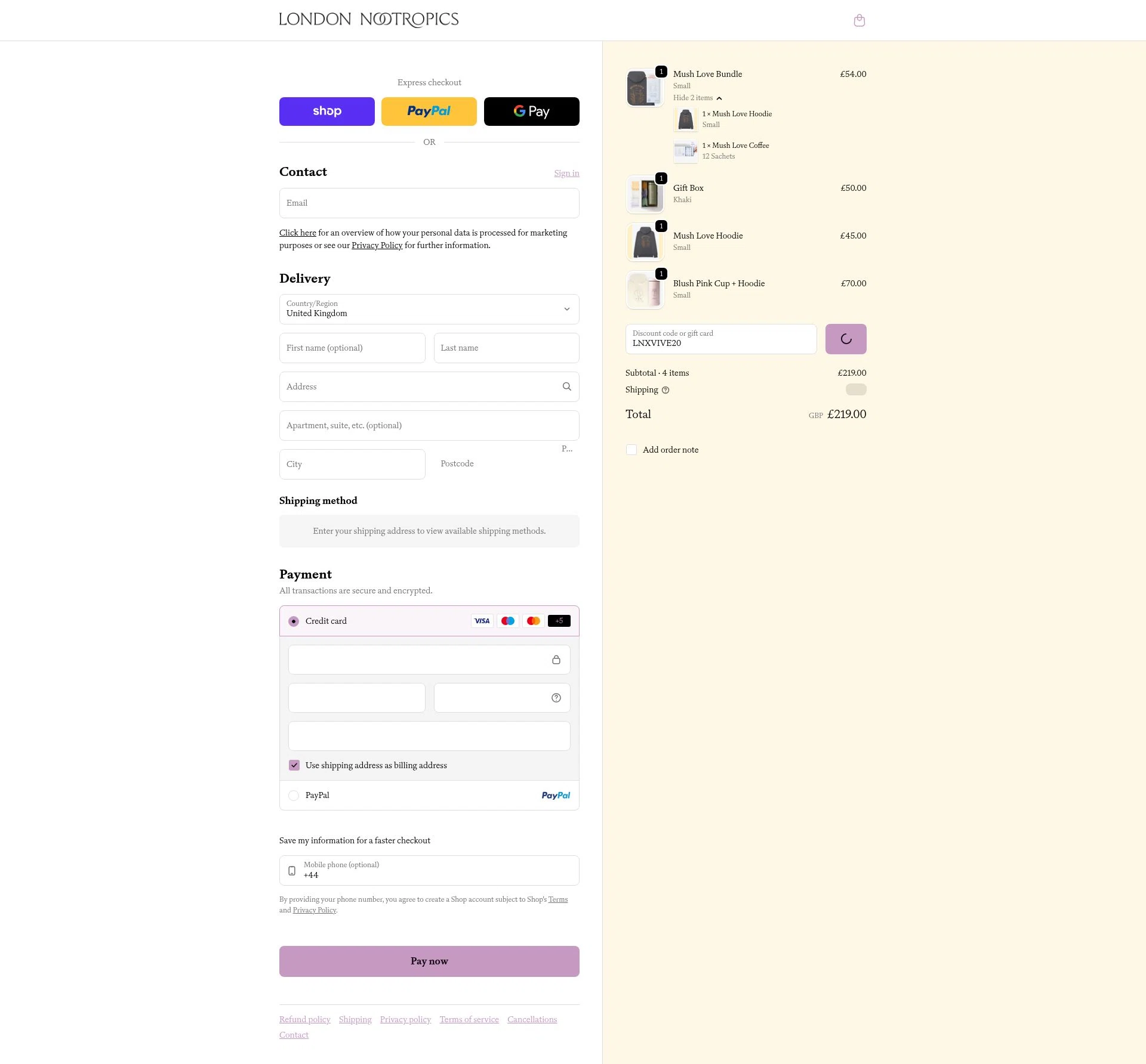 London Nootropics checkout page showing London Nootropics discount code box | Screenshot taken by SimplyCodes community member on Feb 10, 2026