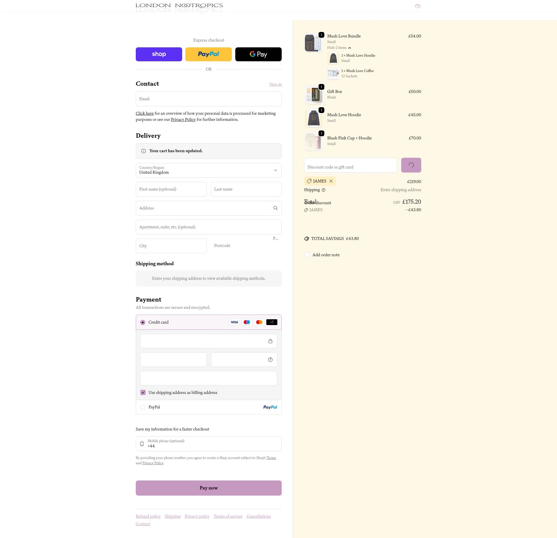 London Nootropics checkout page showing London Nootropics discount code box | Screenshot taken by SimplyCodes community member on Feb 10, 2026