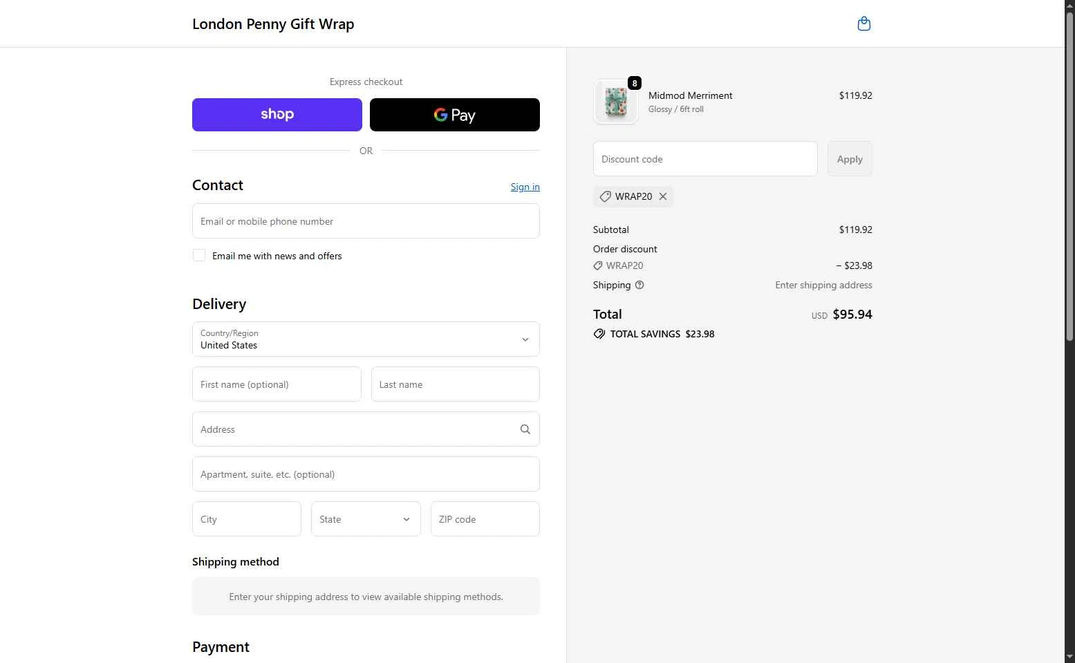 London Penny checkout page showing London Penny promo code box | Screenshot taken by SimplyCodes community member on Nov 8, 2025