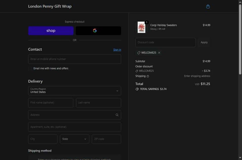 London Penny checkout page showing London Penny promo code box | Screenshot taken by SimplyCodes community member on Nov 5, 2025