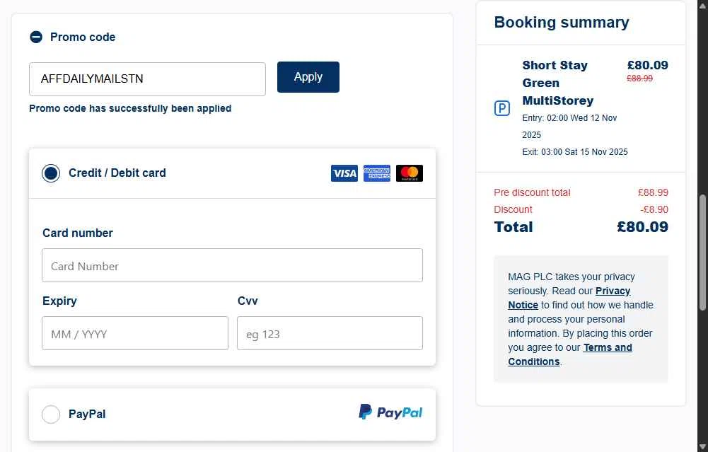 London Stansted Airport checkout page showing London Stansted Airport promo code box | Screenshot taken by SimplyCodes community member on Nov 10, 2025