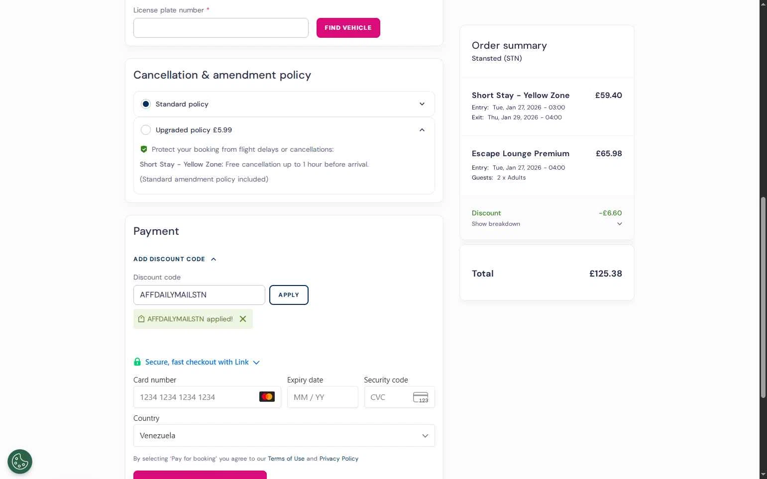 London Stansted Airport checkout page showing London Stansted Airport promo code box | Screenshot taken by SimplyCodes community member on Jan 15, 2026