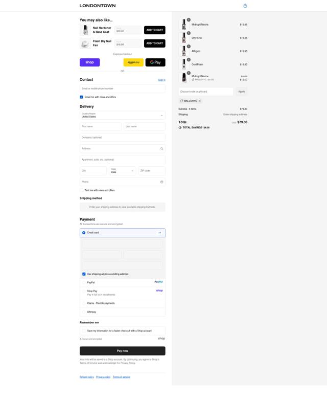 LONDONTOWN checkout page showing LONDONTOWN coupon code box | Screenshot taken by SimplyCodes community member on Sep 14, 2025