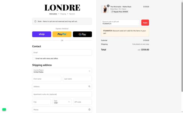 Londre Bodywear checkout page showing Londre Bodywear promo code box | Screenshot taken by SimplyCodes community member on Sep 11, 2025