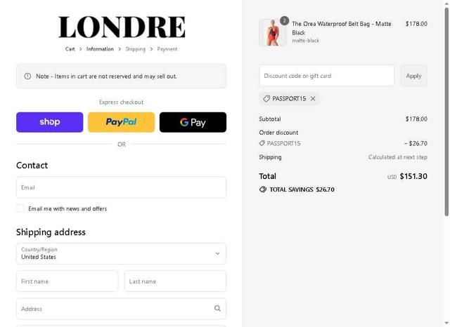 Londre Bodywear checkout page showing Londre Bodywear promo code box | Screenshot taken by SimplyCodes community member on Sep 8, 2025