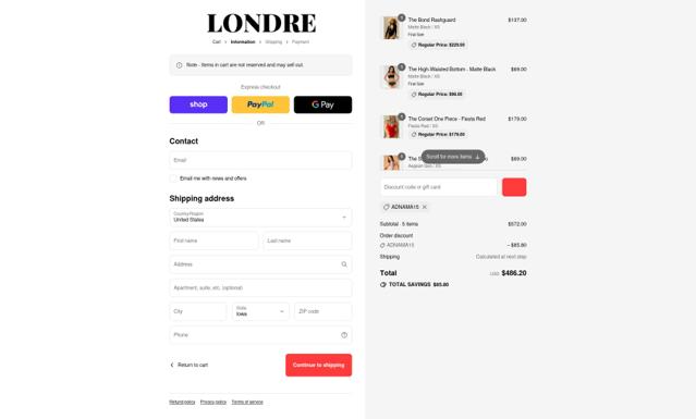Londre Bodywear checkout page showing Londre Bodywear promo code box | Screenshot taken by SimplyCodes community member on Sep 7, 2025