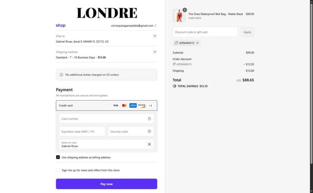 Londre Bodywear checkout page showing Londre Bodywear promo code box | Screenshot taken by SimplyCodes community member on Sep 8, 2025