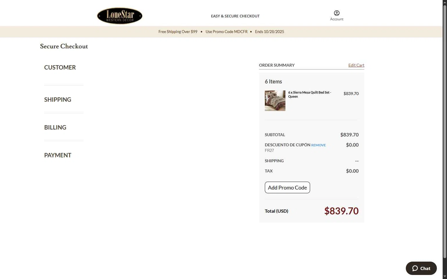 Lone Star Western Decor checkout page showing Lone Star Western Decor promo code box | Screenshot taken by SimplyCodes community member on Oct 27, 2025