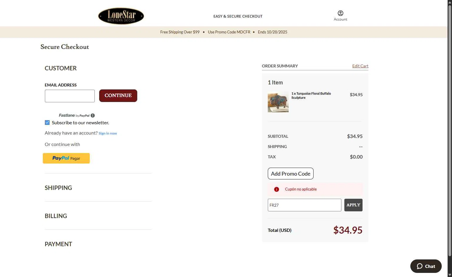 Lone Star Western Decor checkout page showing Lone Star Western Decor promo code box | Screenshot taken by SimplyCodes community member on Oct 27, 2025