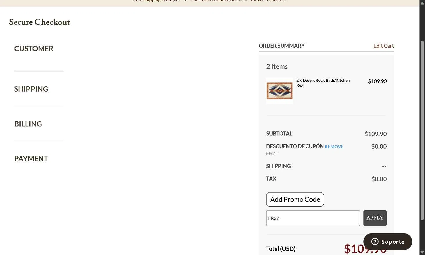 Lone Star Western Decor checkout page showing Lone Star Western Decor promo code box | Screenshot taken by SimplyCodes community member on Sep 28, 2025