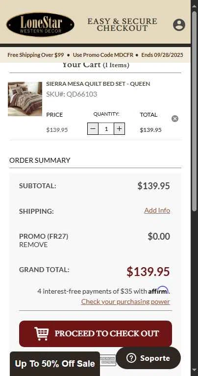 Lone Star Western Decor checkout page showing Lone Star Western Decor promo code box | Screenshot taken by SimplyCodes community member on Sep 28, 2025