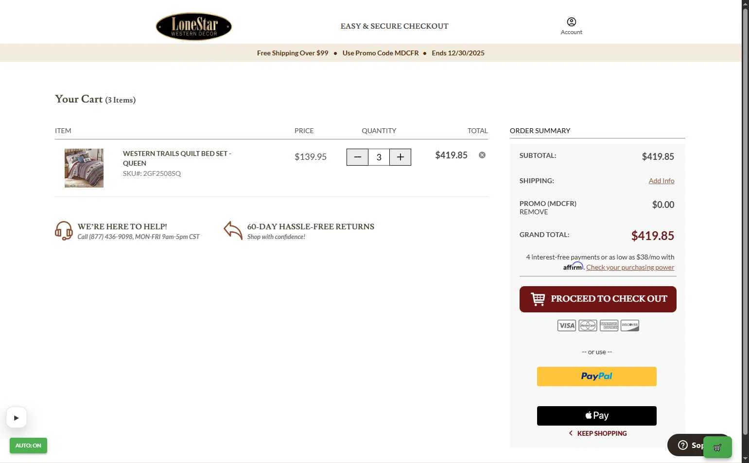 Lone Star Western Decor checkout page showing Lone Star Western Decor promo code box | Screenshot taken by SimplyCodes community member on Dec 30, 2025