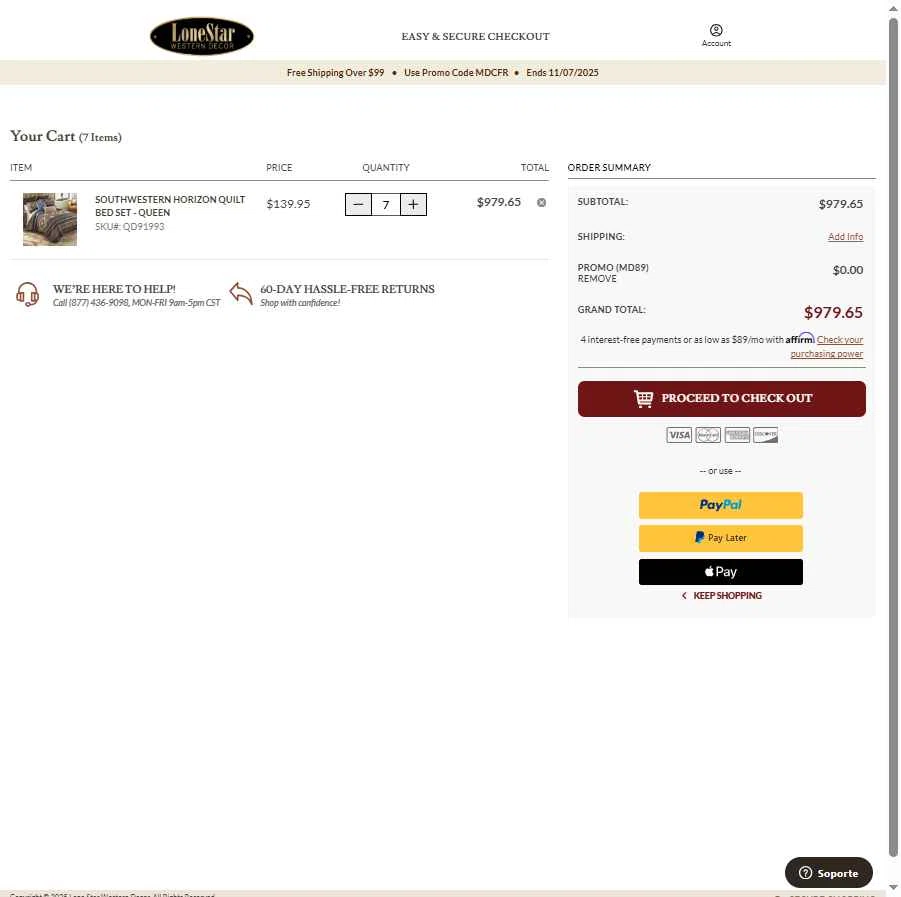 Lone Star Western Decor checkout page showing Lone Star Western Decor promo code box | Screenshot taken by SimplyCodes community member on Nov 7, 2025