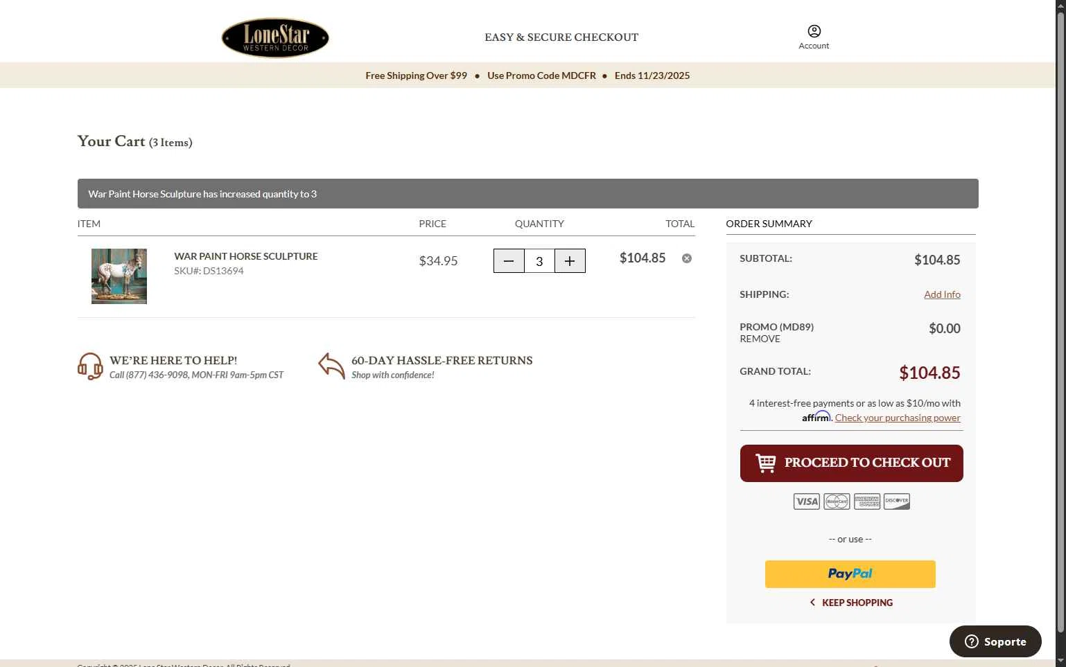 Lone Star Western Decor checkout page showing Lone Star Western Decor promo code box | Screenshot taken by SimplyCodes community member on Nov 23, 2025