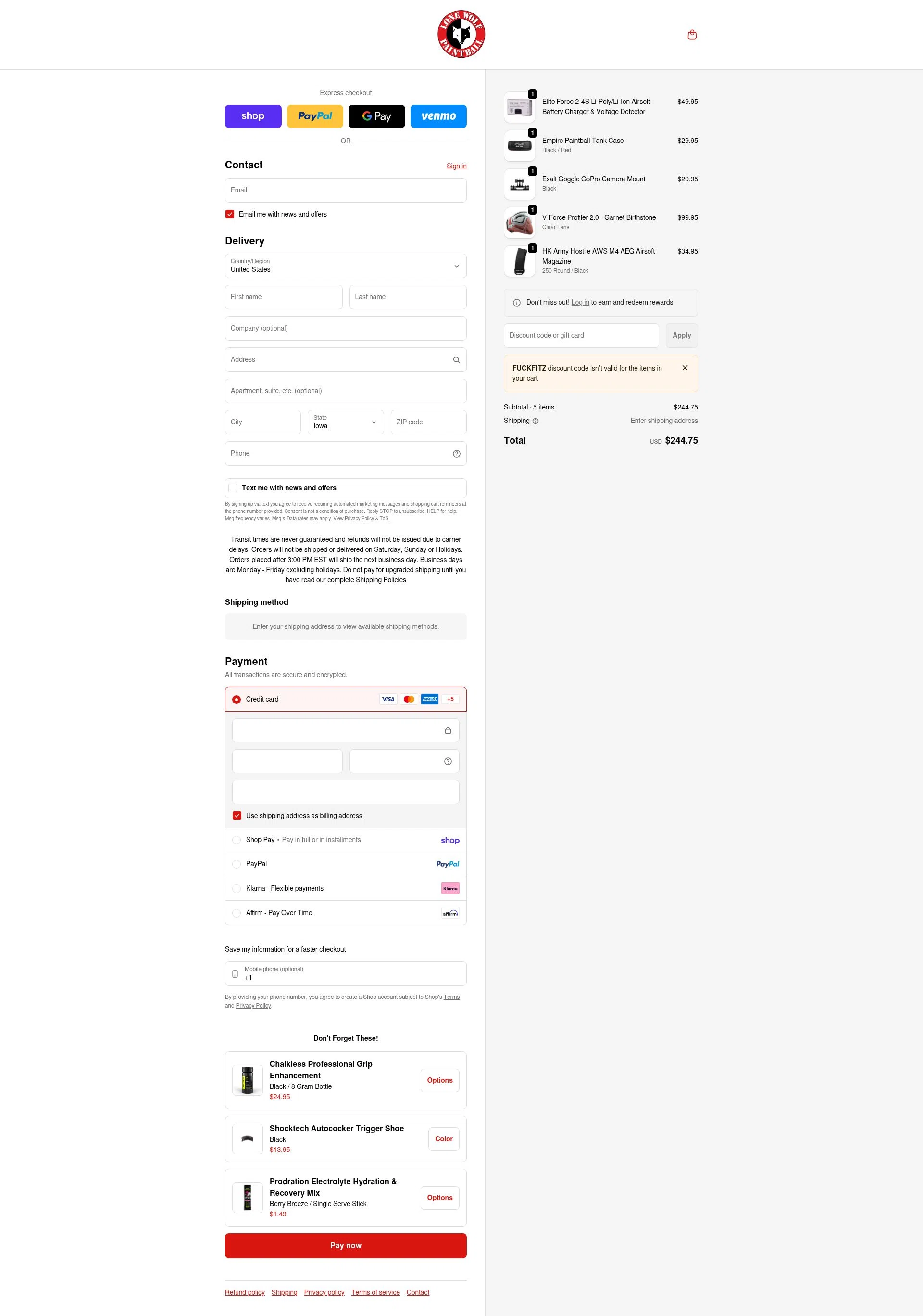 Lone Wolf Paintball checkout page showing Lone Wolf Paintball discount code box | Screenshot taken by SimplyCodes community member on Feb 10, 2026