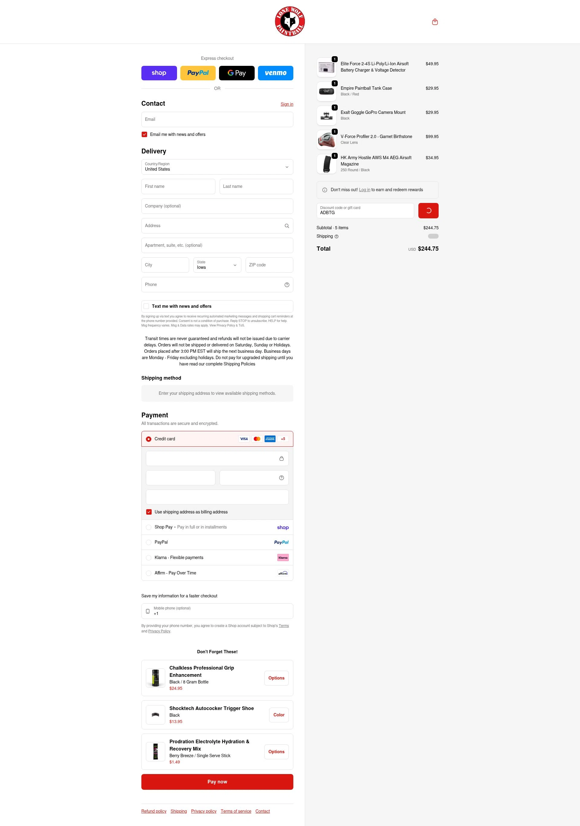 Lone Wolf Paintball checkout page showing Lone Wolf Paintball discount code box | Screenshot taken by SimplyCodes community member on Feb 10, 2026