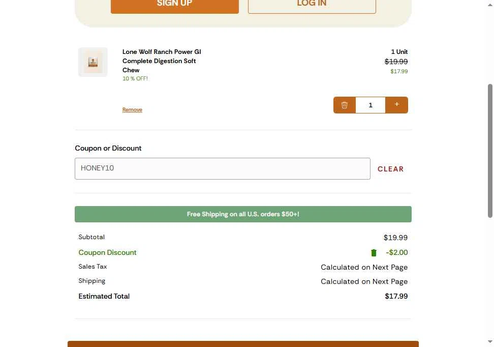 Lone Wolf Ranch checkout page showing Lone Wolf Ranch coupon code box | Screenshot taken by SimplyCodes community member on Dec 18, 2025
