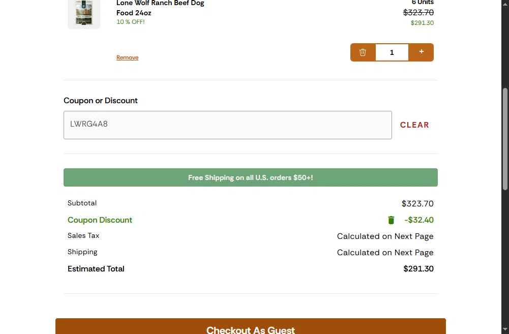 Lone Wolf Ranch checkout page showing Lone Wolf Ranch coupon code box | Screenshot taken by SimplyCodes community member on Dec 16, 2025