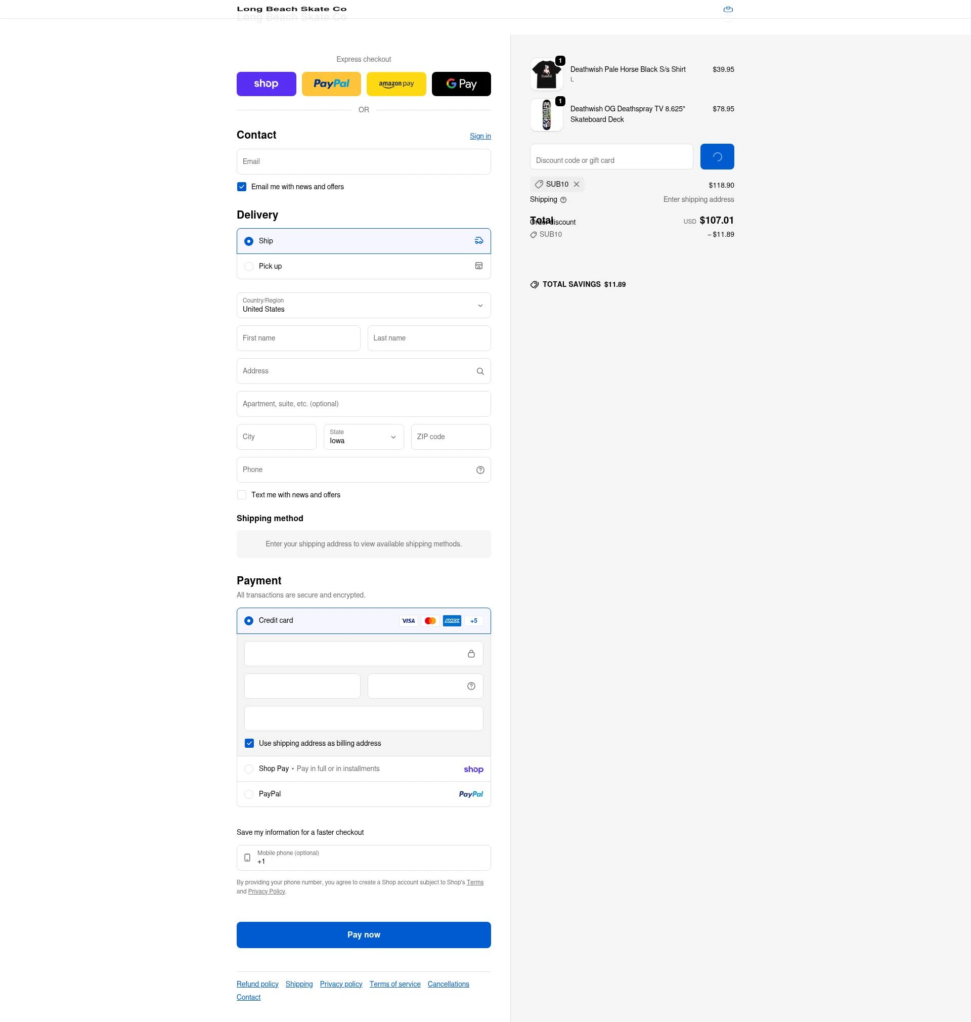 Long Beach Skate checkout page showing Long Beach Skate promo code box | Screenshot taken by SimplyCodes community member on Feb 12, 2026