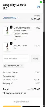 THANKYOU10 coupon verification screenshot