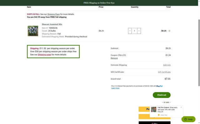 Longfield Gardens checkout page showing Longfield Gardens coupon code box | Screenshot taken by SimplyCodes community member on Aug 19, 2025