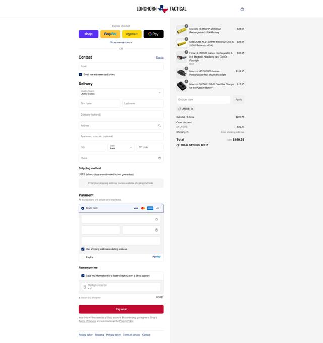 Longhorn Tactical checkout page showing Longhorn Tactical coupon code box | Screenshot taken by SimplyCodes community member on Sep 12, 2025
