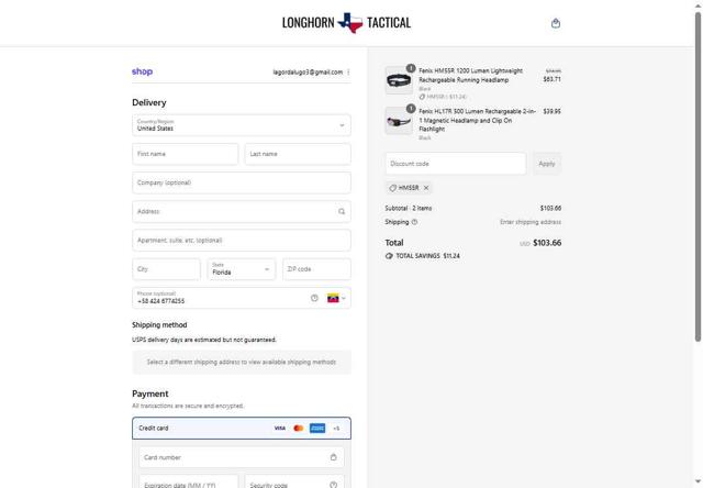Longhorn Tactical checkout page showing Longhorn Tactical coupon code box | Screenshot taken by SimplyCodes community member on Sep 12, 2025